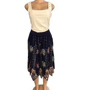 3/$30 ☀️ Shoreline Vintage Embroidered Navy Blue Multicolor Floral Midi Skirt